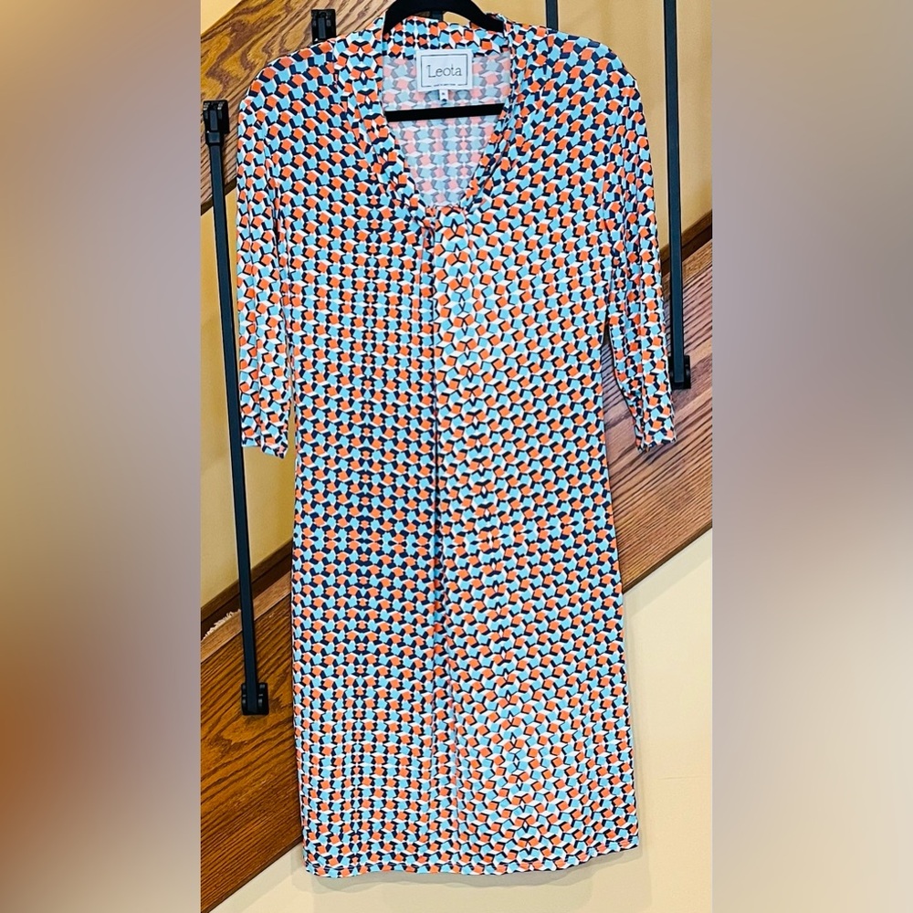 Leota Dress Liquid Knit Made In New York Geometric blue-orange-white SZ. Med